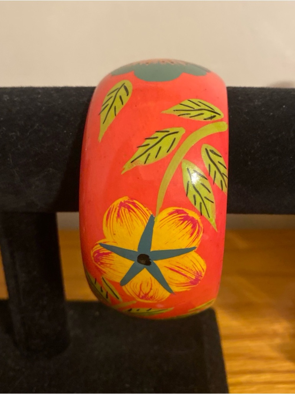 Hand-Painted Floral Bangle Bracelet in Coral and Yellow with Green Accents